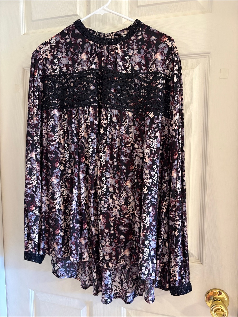 Cato Black Floral Crochet Yoke Long-Sleeve Tunic